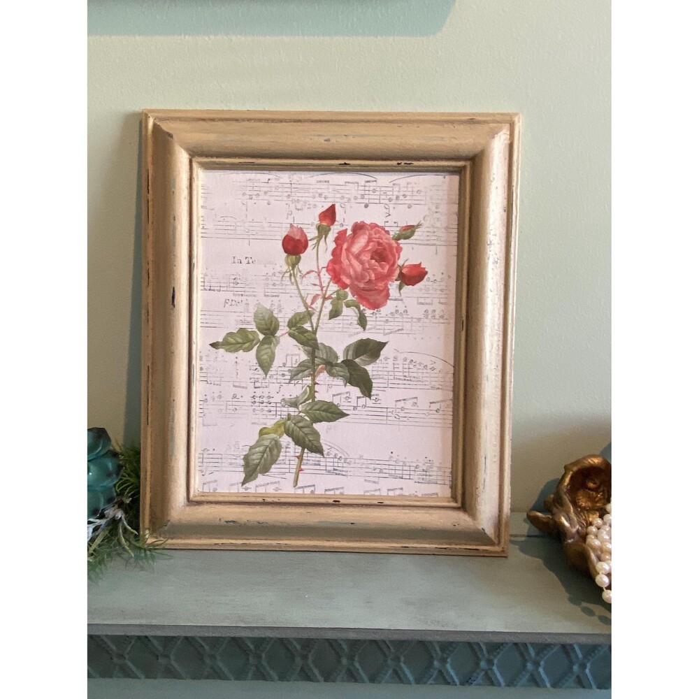 Handmade Rose Floral Transfer Art, Upcycled Distressed Frame (8"x10" Opening)